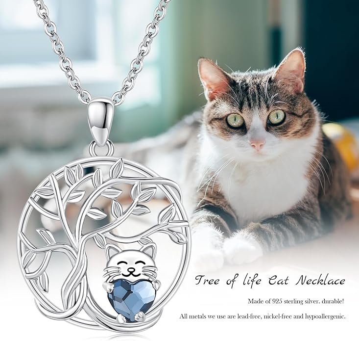 JUSTKIDSTOY Sterling Silver Cute Animal Pendant Necklace with Crystal Cat Pendant - Women's Cat Lovers Jewelry Gift