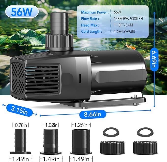 hygger 24V DC Adjustable Aquarium Water Pump & Wavemaker,30dB Quiet Return Pump,10-Speed Flow Control, Dry Run Anti-Block Protection for Freshwater Saltwater Ponds Fountains (56W,1585GPH/6000LPH)
