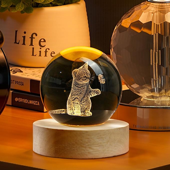 YU FENG 3D Carved Cat Crystal Ball with Warm White Light Base 2.36 Inch