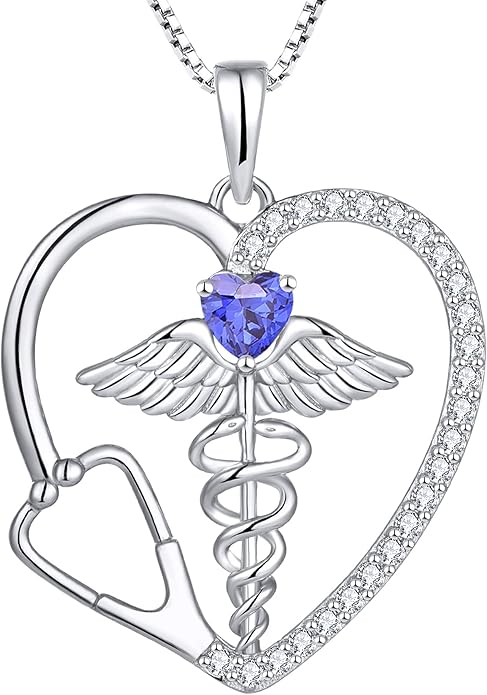 YL Caduceus Heart Necklace for Women Sterling Silver Doctor Nurse Themed Stethoscope Pendant Birthstone Angel Wings Snake Jewelry