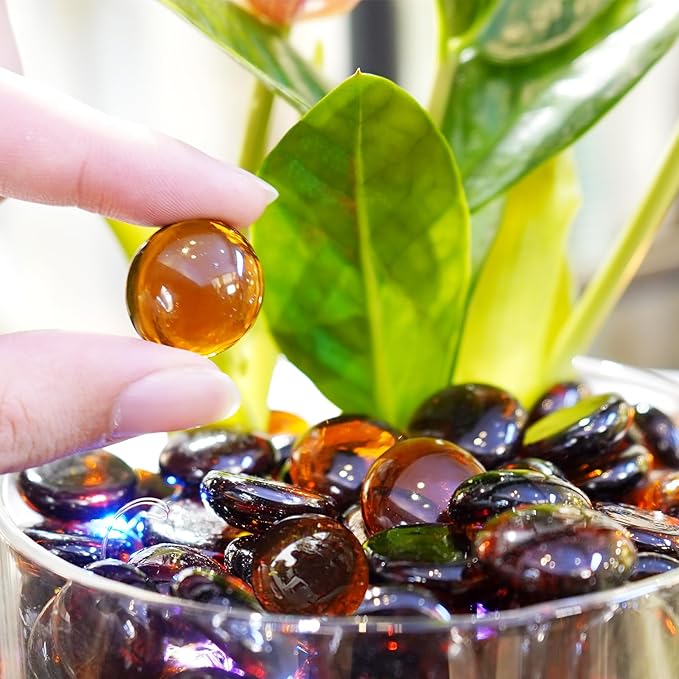 1LB Amber Flat Glass Marbles for Vases, Gemstone Beads Vase Filler Decorative Glass Pebbles for Fish Tank, DIY Crafts, Autumn Centerpieces, Aquarium Decor Rocks