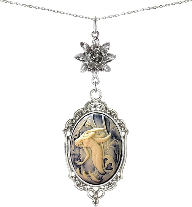 Yspace Lotus Charm Necklace Antique Decor Cameo Pendant 2 Chains Velvet Pouch for Gift