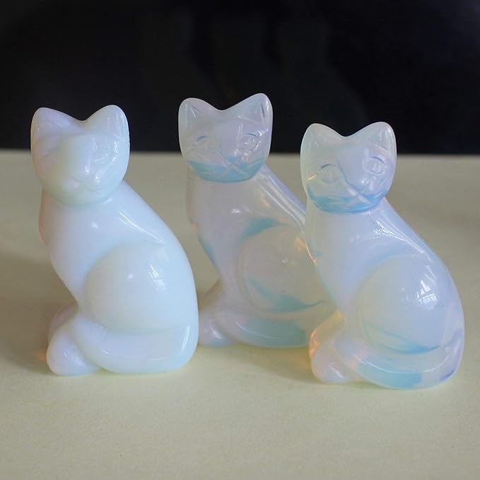 2'' Hand Carved Mixed Gemstone Crystal cat Figurine Animal Carving (White opalite)