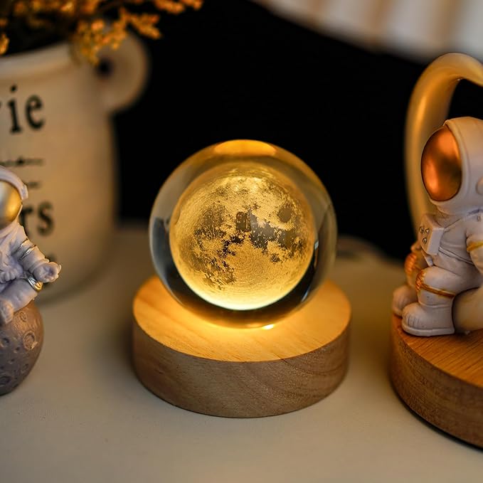 YU FENG 3D Carved Moon Crystal Ball with with Warm White Light Base for a Warm and Mysterious Ambiance 2.36 Inches