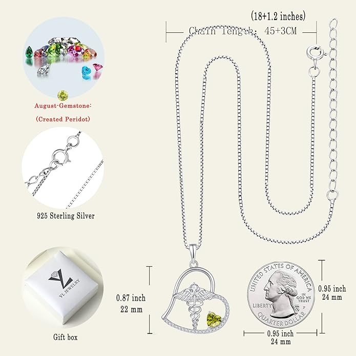 YL Caduceus Heart Necklace Sterling Silver Doctor Nurse Themed Pendant Gemstones Angel Wings Snake Jewelry for Women