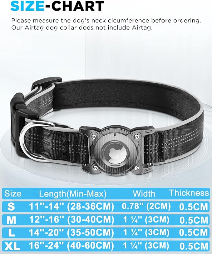 ONEONTA Airtag Dog Collar | Waterproof Airtag Dog Collar Holder with Removable Metal Loop - Airtag Collar Heavy Duty, Reflective, Ultra-Durable, Comfortable Padded, for Small Medium Large Dog, Black M