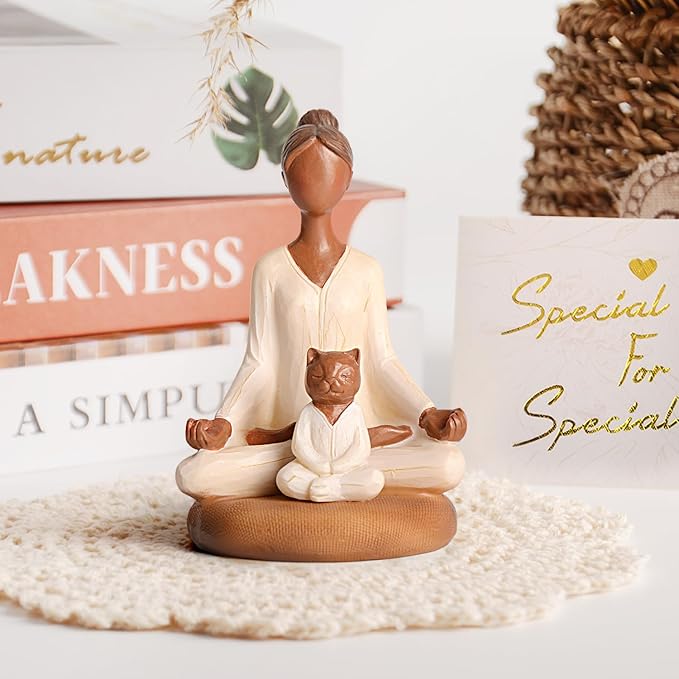 Yoga Meditation Statue Gifts for Women - Mini Yoga Girl with Cat Dog Figurines Gift for Office Cute Relaxation Gifts for Yoga Lovers & Cat Dog Lover Resin Yoga Figurine Decor Table Ornament