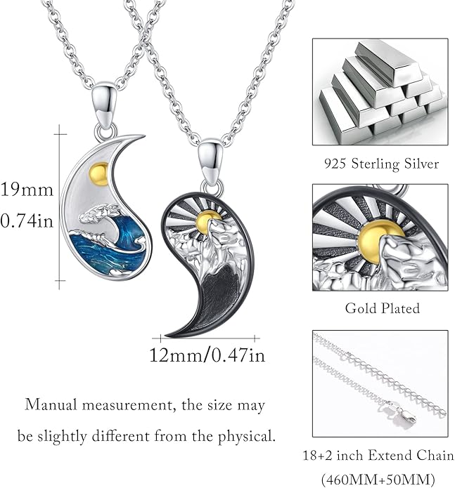 Yin Yang Matching Jewelry Set 925 Sterling Silver Yin Yang Friendship Couples BFF Pendant Necklace Jewelry for Her Him Women Men