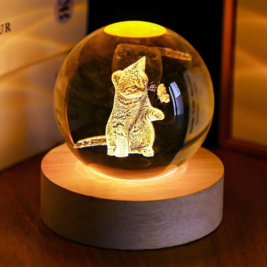 YU FENG 3D Carved Cat Crystal Ball with Warm White Light Base 2.36 Inch