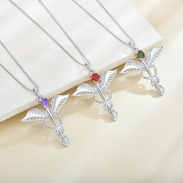 YL Caduceus Necklace Sterling Silver Doctor Nurse Themed Pendant Birthstone Angel Wings Snake Jewelry for Women