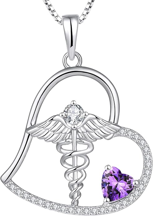 YL Caduceus Heart Necklace Sterling Silver Doctor Nurse Themed Pendant Gemstones Angel Wings Snake Jewelry for Women