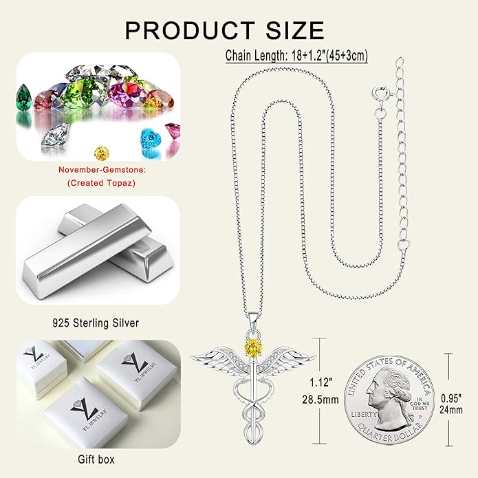 YL Caduceus Necklace Sterling Silver Doctor Nurse Themed Pendant Birthstone Angel Wings Snake Jewelry for Women