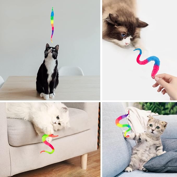 10 PCS Rainbow Fuzzy Worms On String Bulk Trick Toy Party Favors for Kid Cat ,Fuzzy Worm Toys String Pets