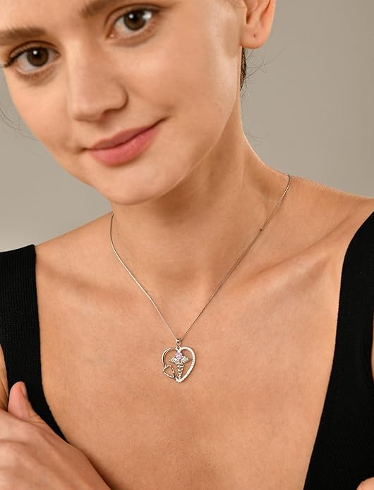 YL Caduceus Heart Necklace for Women Sterling Silver Doctor Nurse Themed Stethoscope Pendant Birthstone Angel Wings Snake Jewelry