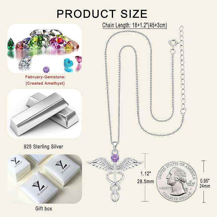 YL Caduceus Necklace Sterling Silver Doctor Nurse Themed Pendant Birthstone Angel Wings Snake Jewelry for Women