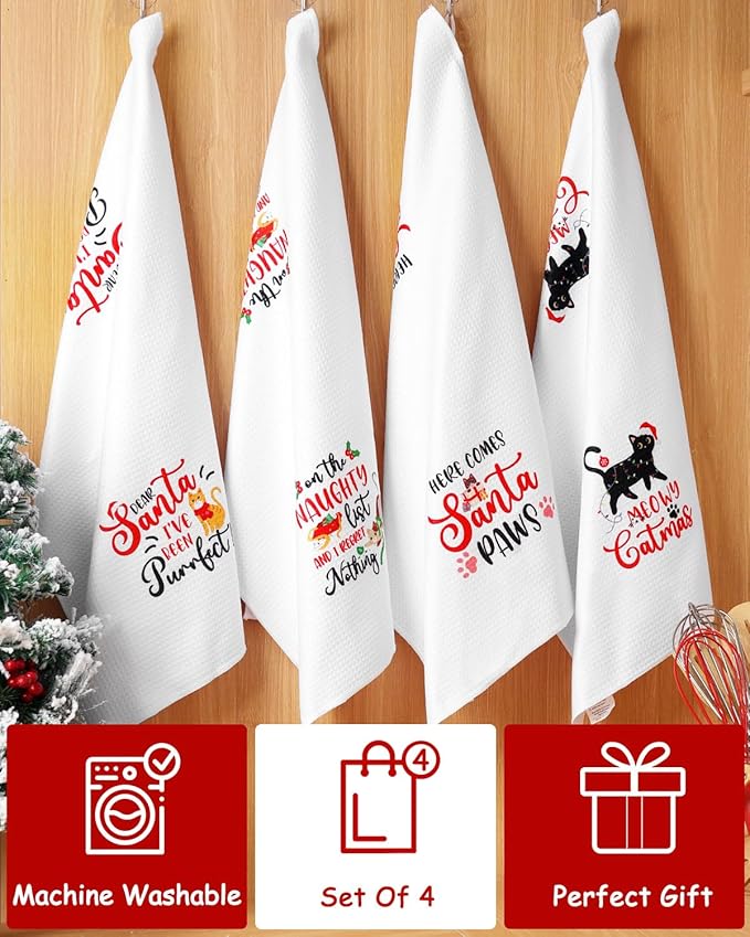 Vansolinne Cat Christmas Kitchen Towels - Decorative Holiday Dish Towels, Meowy Catmas Home Decor, Funny Naughty Kitty Housewarming Gifts for Mom and Cat Lovers