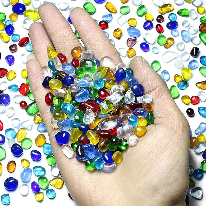 1 Lb (460 g) Colorful Sea Glass Stones Irregular Rainbow Glass Pebble Decorative Rock Quartz Tumbled Gemstone Chips for Aquarium Decoration/Vase Filler/Jewelry Making/Handwork Craft/Gems Display