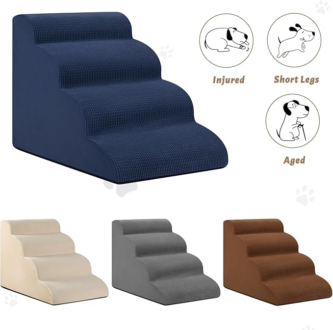 4-Step Dog Stairs and Ramp for Beds or Couches,Non-Slip Sturdy Pet Steps for Small Dogs and Cats,17.4" H,Blue