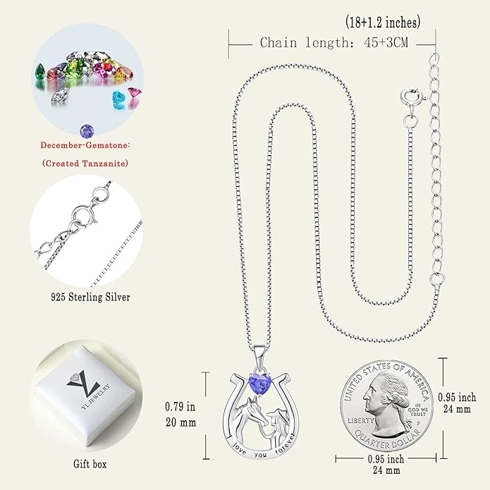 YL Women's Horse Necklace 925 Sterling Silver Horseshoe Pendant Birthstone Animals Jewelry