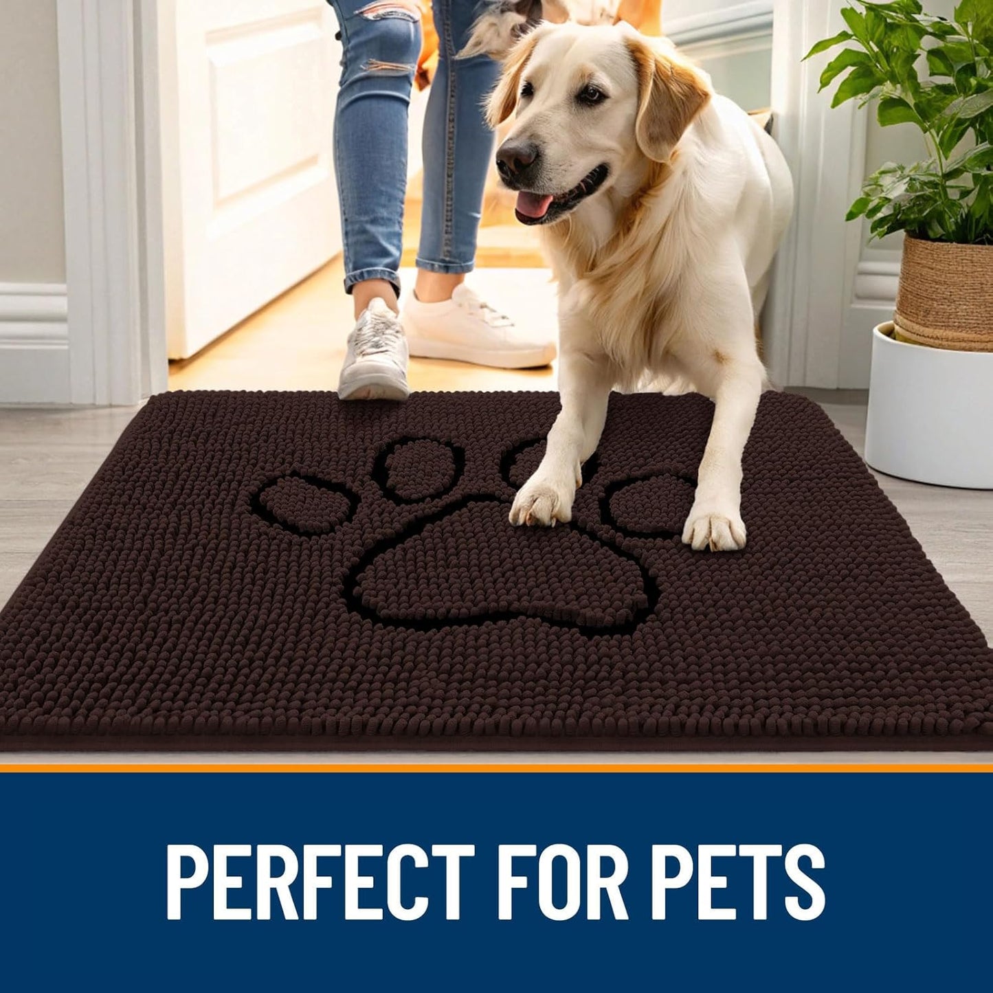 OLANLY Door Mat for Muddy Dog Paws 48x30, Absorbent Chenille Mud Doormat with Paw Print Design, Non-Slip Washable Doormat for Indoor Entryway, Quick-Dry Pet Bed Mats for Dirty Dogs, Brown and Black