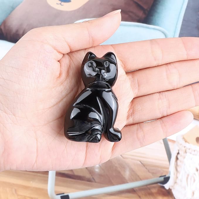 2" Black Obsidian Crystal Cat Figurine Cat Sculpture Kitten Carving Animal Healing Crystals Gemstone Collectibles Home Art Decor
