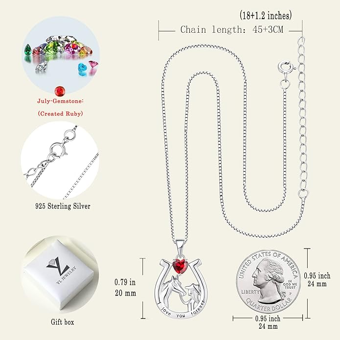 YL Women's Horse Necklace 925 Sterling Silver Horseshoe Pendant Birthstone Animals Jewelry
