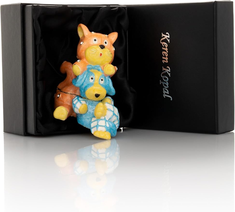 Keren Kopal Friends cat & Dog Trinket Box Decorated with Crystals Jewelry Storage Stash Handpainted Animal Figure Gift Idea for Home Decor