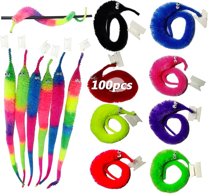 100 Pieces Fuzzy Worm Toys Fluffy Toy Worms Rainbow Worms on String Bulk Trick Toys Carnival Party Favors for Kid Cat