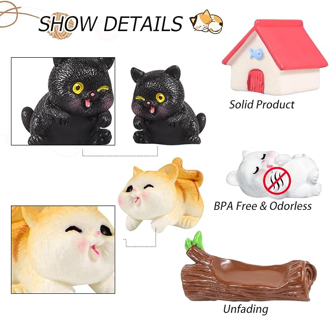 10Pack Mini Cat Figures Playset, Miniature Cute Cartoon Kitty Characters Fairy Garden Toys for Kids Birthday Baby Shower Dollhouse Easter Cake Decorations