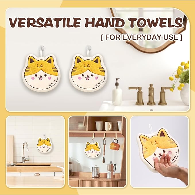2 Pack Cat Hand Towels Set for Bathroom: Gifts for Kids Teens Cat Lovers Cute Pattern Kitchen Towels Drying Your Hands Pads - Kitty Gifts Hand Wiping Towels