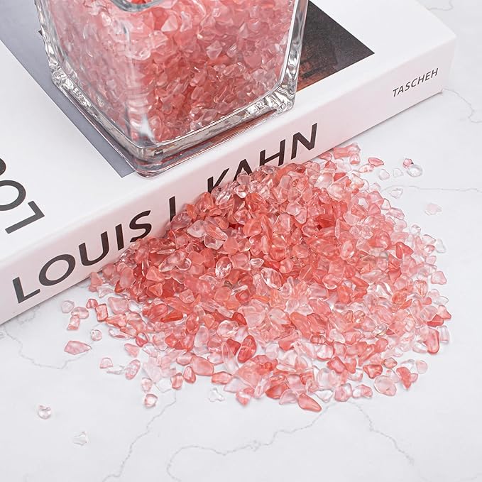 0.88 Lb Red Crystal Chips Stone Crushed Quartz Glass, Small Decorative Pebbles Bulk Tumbled Stones Polished Rocks Pieces for Crafts, Vases Filler, Succulent Plants, Aquarium Gravel Rocks