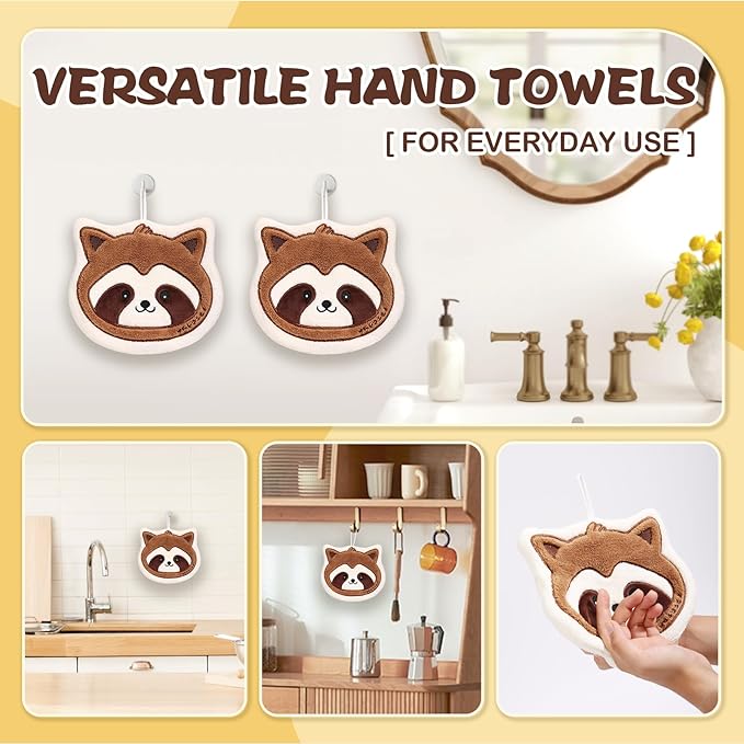 2 Pack Raccoon Hand Towels Set for Bathroom: Gifts for Her Cat Lovers Cute Cat Raccoon Pattern Kitchen Towels Drying Your Hands Pads - Women Mom Wife Sister Friend Coworker Gifts