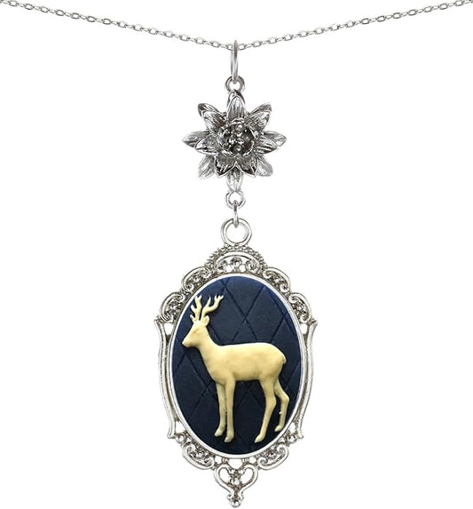 Yspace Lotus Charm Necklace Antique Decor Cameo Pendant 2 Chains Velvet Pouch for Gift