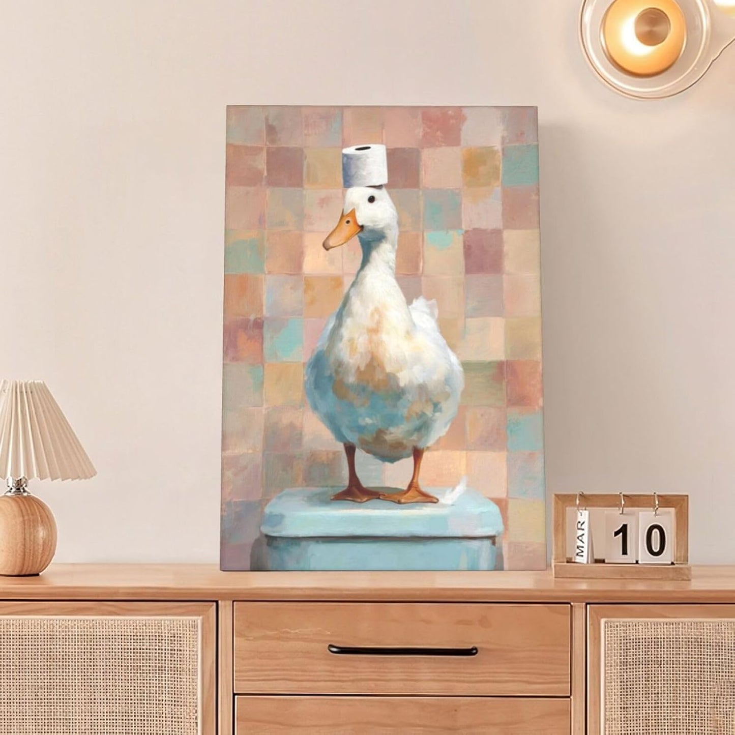 Funny Duck Bathroom Wall Art Cute Duck on Toilet Canvas Wall Decor Funny Quirky Farm Animal Pictures Painting Print Framed Artwork Decorations Gifts for Bathroom 16"x24"