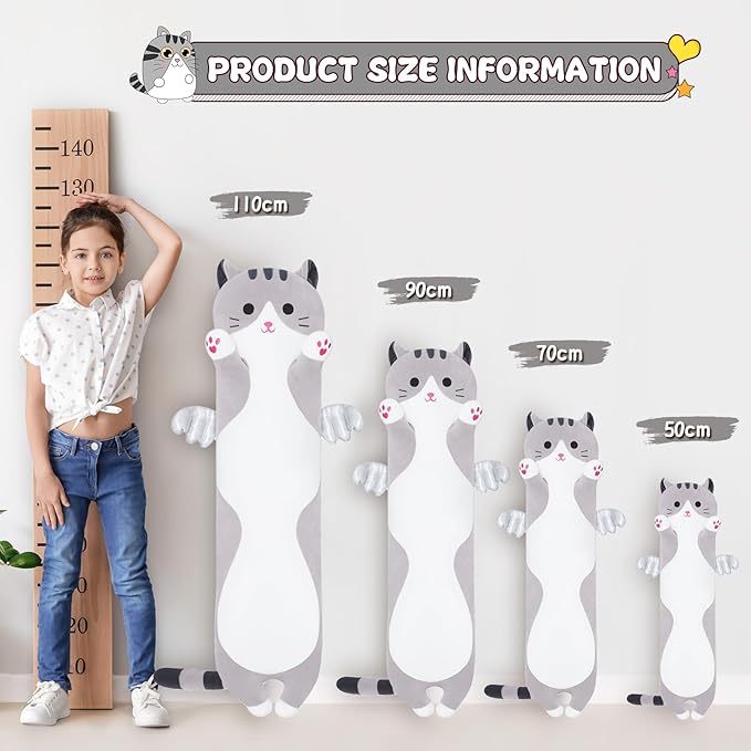 Long Cat Plush Body Pillow, Cute Cat Plush Toy Pillows with Wings, Stuffed Animals Kitten Soft Plushies Gifts for Kids Girls Girlfriend(Grey, 19.6in/50cm)