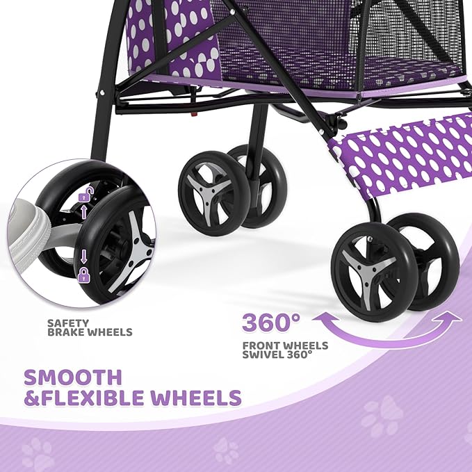 Magshion Compact Pet Stroller for Small-Medium Dogs/Cats up to 22lbs, 4-Wheel Lightweight Umbrella Shaped Portable Puppy Travel Jogger with Breathable Mesh & Rear Storage, Purple Polka Dots