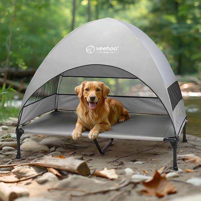 Veehoo Outdoor Dog Bed with Canopy, Cooling Elevated Pet Cot with Removable Shade, Non-Slip Feet, Raised Dog Cot for Large Dogs, Pet Tent Bed for Camping, Beach, XLarge, Grey, CWC2411