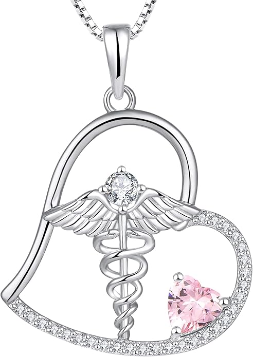 YL Caduceus Heart Necklace Sterling Silver Doctor Nurse Themed Pendant Gemstones Angel Wings Snake Jewelry for Women
