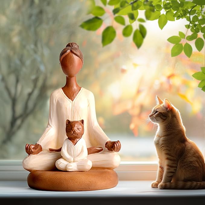 Yoga Meditation Statue Gifts for Women - Mini Yoga Girl with Cat Dog Figurines Gift for Office Cute Relaxation Gifts for Yoga Lovers & Cat Dog Lover Resin Yoga Figurine Decor Table Ornament