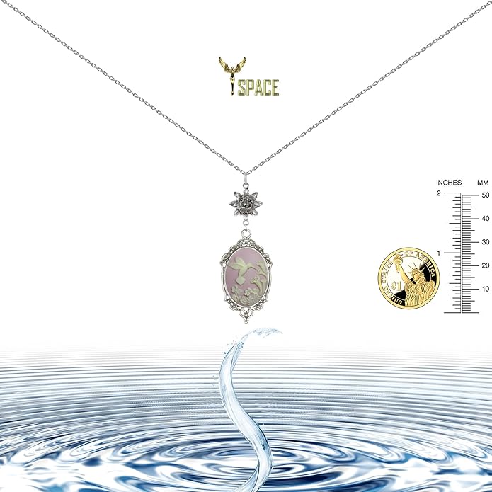 Yspace Lotus Charm Necklace Antique Decor Cameo Pendant 2 Chains Velvet Pouch for Gift