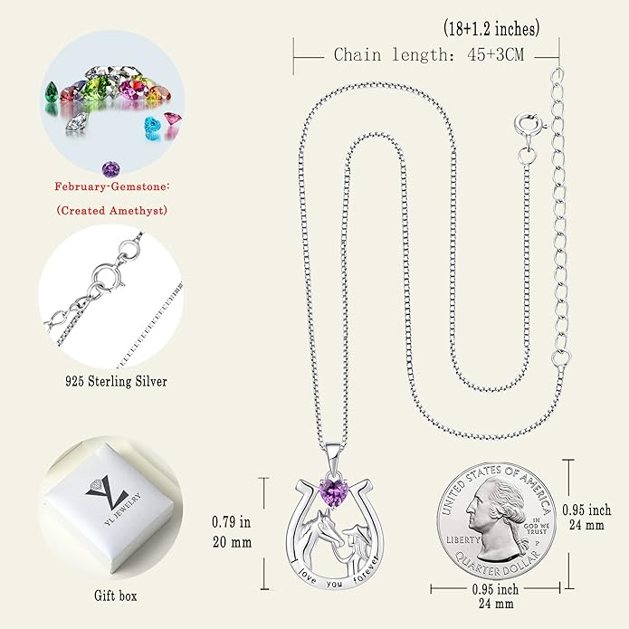 YL Women's Horse Necklace 925 Sterling Silver Horseshoe Pendant Birthstone Animals Jewelry