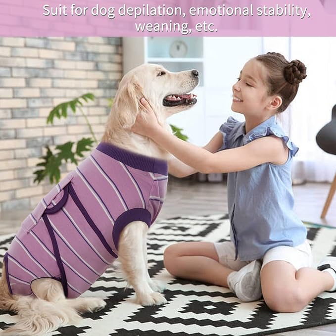 Kuoser Dog Surgery Recovery Suit for Female Male Dogs, Stripes Spay Neuter Anti-Licking Dog Onesie, Abdominal Wounds Surgical Suit Snugly Pet Collar Alternative Post Surgery Vest Bodysuit, Purple M