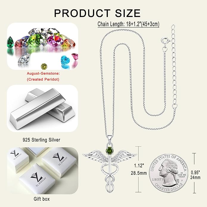YL Caduceus Necklace Sterling Silver Doctor Nurse Themed Pendant Birthstone Angel Wings Snake Jewelry for Women