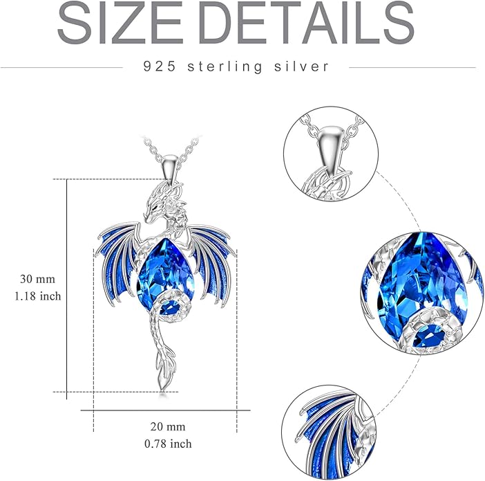 Dragon Necklace for Men Sterling Silver Birthstone Wyvern Necklace Embllished with Teardrop Shaped Crystal Jewelry for Women