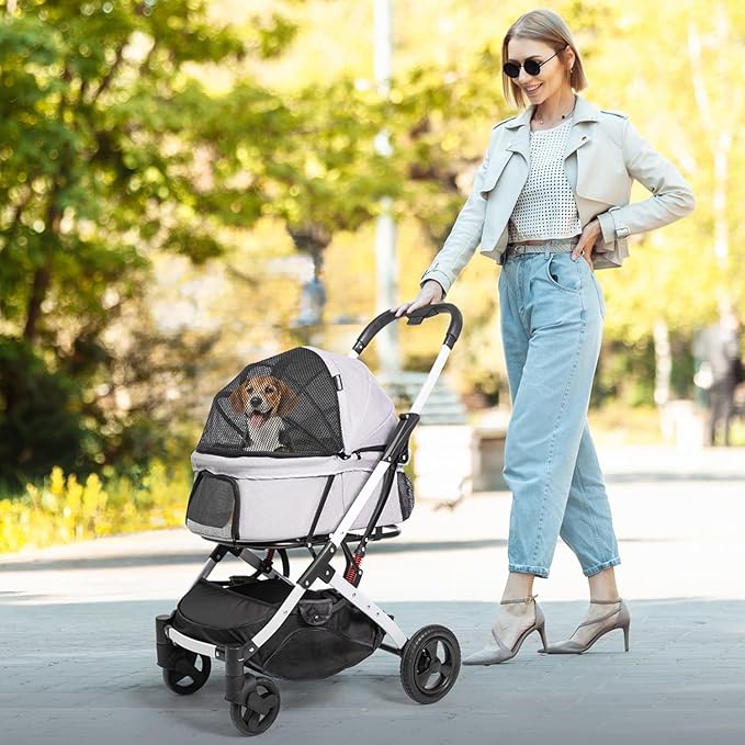 Pet Stroller for Medium Small Dog & Cat, Foldable Lightweight Dog Stroller with Storage Basket Pet Travel Carriage with Safety Leashes, 4 Wheel, Gray