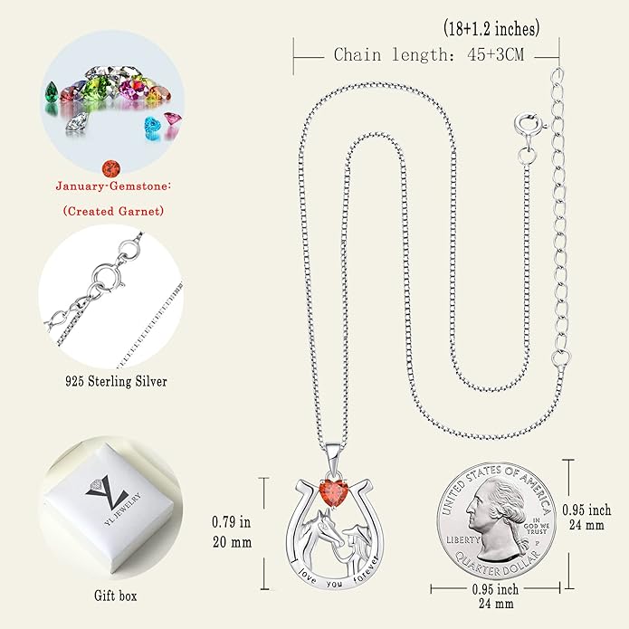 YL Women's Horse Necklace 925 Sterling Silver Horseshoe Pendant Birthstone Animals Jewelry