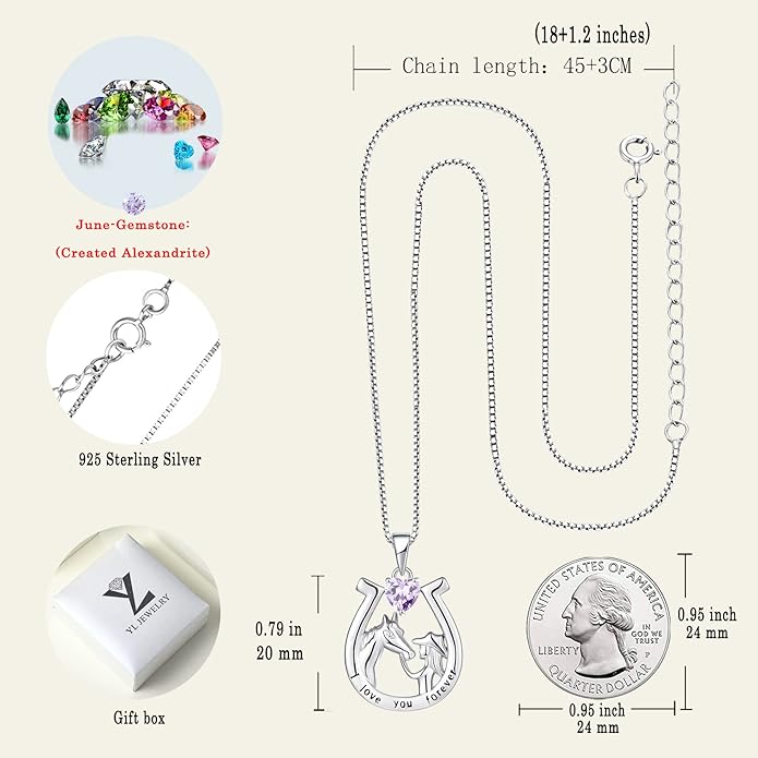 YL Women's Horse Necklace 925 Sterling Silver Horseshoe Pendant Birthstone Animals Jewelry
