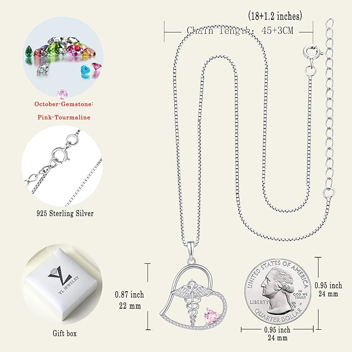 YL Caduceus Heart Necklace Sterling Silver Doctor Nurse Themed Pendant Gemstones Angel Wings Snake Jewelry for Women