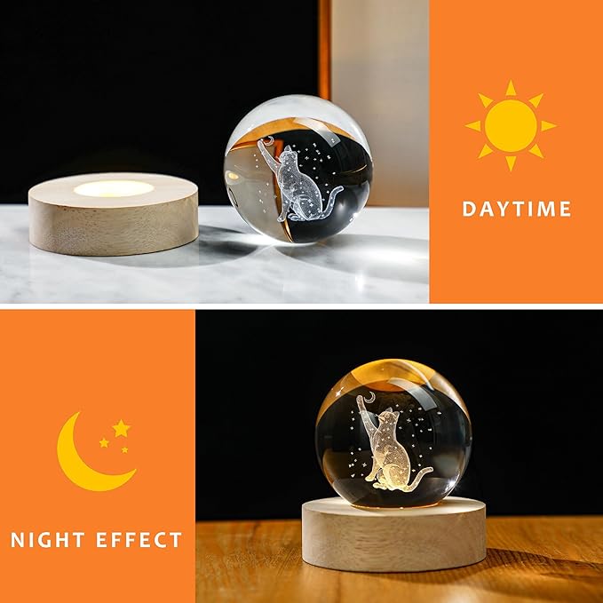 YU FENG 3D Carved Cat Crystal Ball with Light Base for Cat Lovers and Home Decor 2.36 Inch