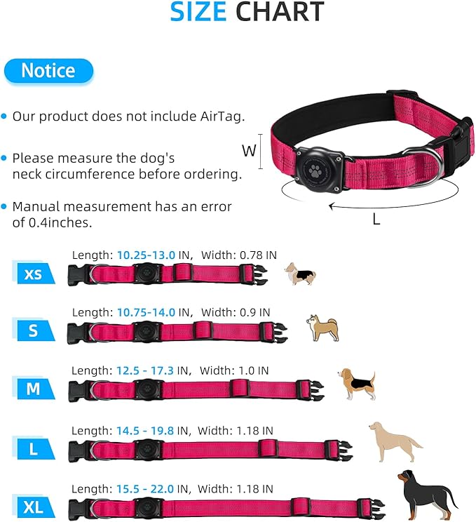 Upgraded AirTag Dog Collar, IP68 Waterproof Air Tag Dog Collar Holder, Reflective, Ultra-Durable, Comfortable Padded, Heavy Duty Dog Collars for Small Medium Large Dogs (M (12.6"-17.1"), Hotpink)